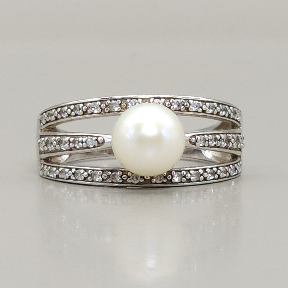 White 7mm Imitation Pearl 925 Sterling Silver Ring SZ 6 Open Stone Pave By DK
